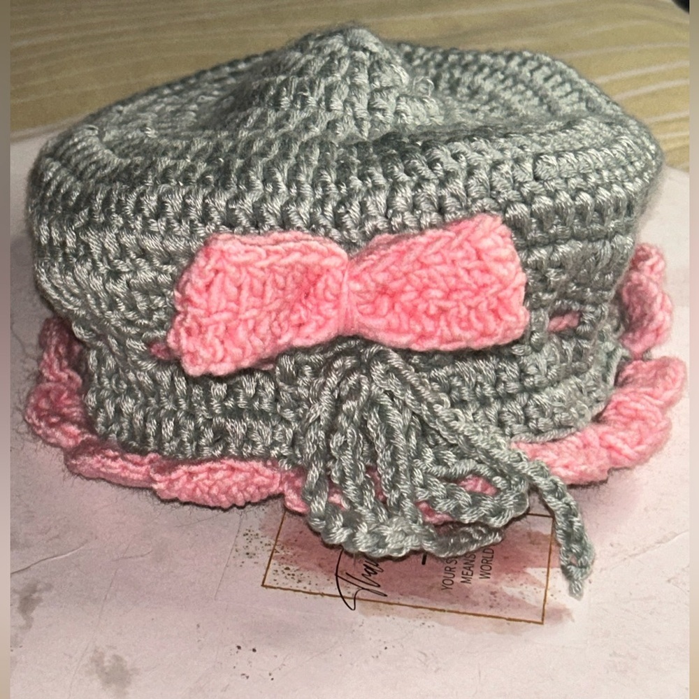 Handmade Crochet Baby Booties/hat– Pink & Sage Green | Soft 3–6 Month Baby Shoes - Picture 3 of 5